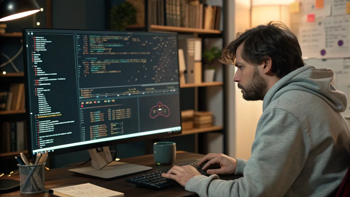 Game developer analyzing casino strategy algorithms on computer screen