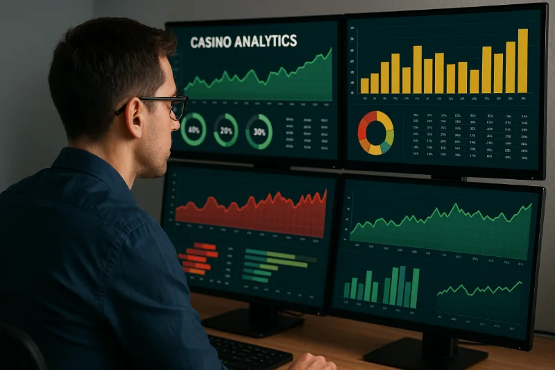 Data analyst examining statistical charts and graphs on multiple computer screens showing casino analytics