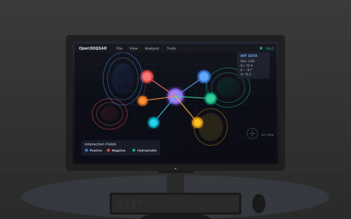 Three-dimensional molecular interaction fields displayed on research computer screen