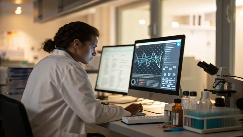 Scientist analyzing molecular data on computer screen showing 3D molecular structures